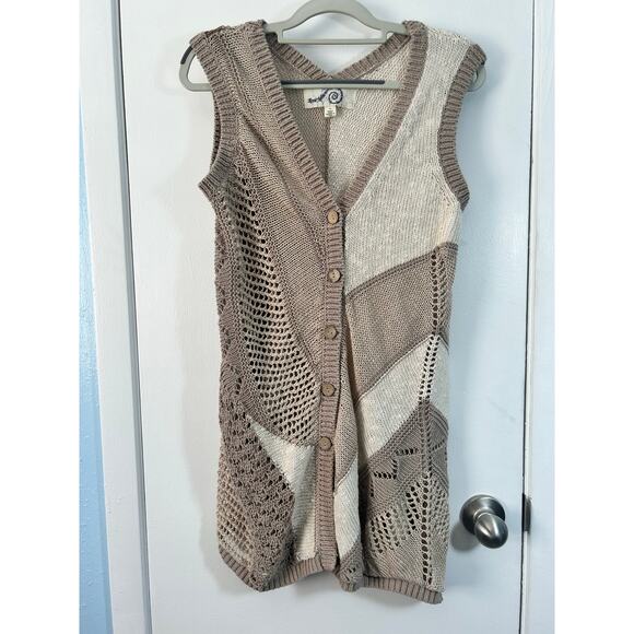 Anthropologie Sweater Vest Medium Tan Hemp Blend Patchwork Hippie Boho - Picture 3 of 11